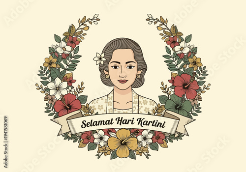 Portrait of Raden Ajeng Kartini surrounded by a floral wreath.