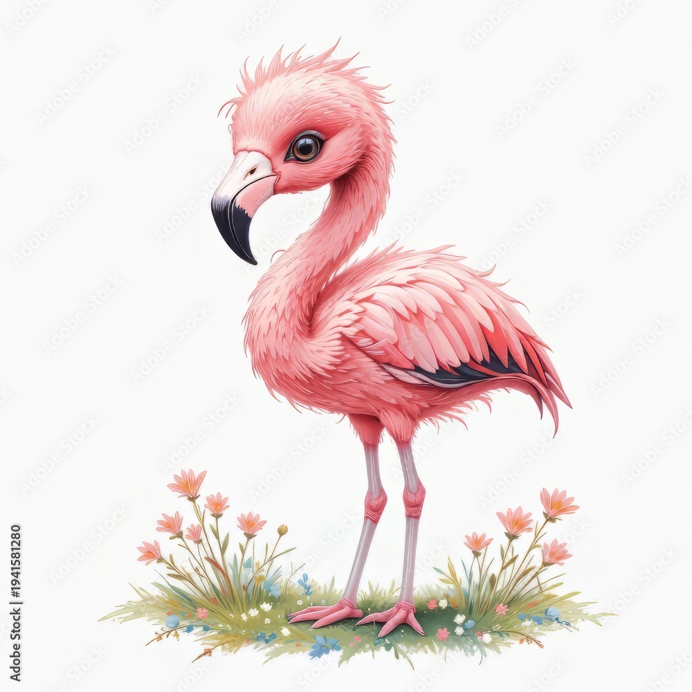 Obraz premium Pastel Pink Flamingo Chick Clipart: Spring Brushstroke Baby Bird Illustration on White Background for Cute Graphic Design Projects