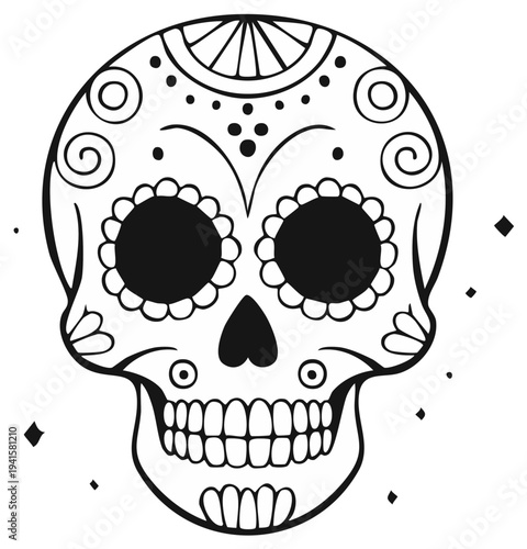 Traditional black and white sugar skull illustration with ornate floral and geometric patterns celebrating Dia de los Muertos