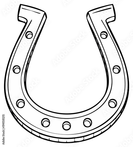 Hand drawn illustration of a single horseshoe with nail holes for good luck and equestrian sports