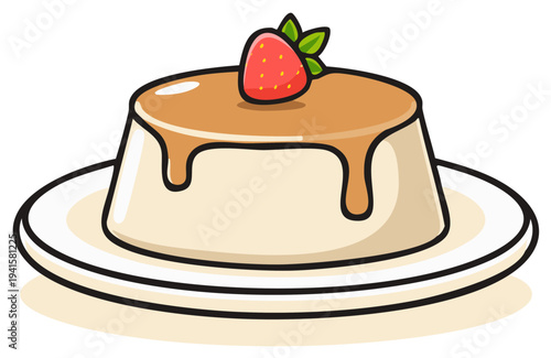 Delicious caramel pudding topped with a fresh strawberry, served on a white plate, creating an inviting dessert scene.