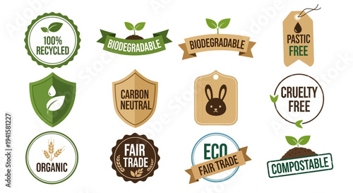 Eco Friendly Product Labels Vector Set Recycled Biodegradable and Organic Badges for Sustainable Packaging