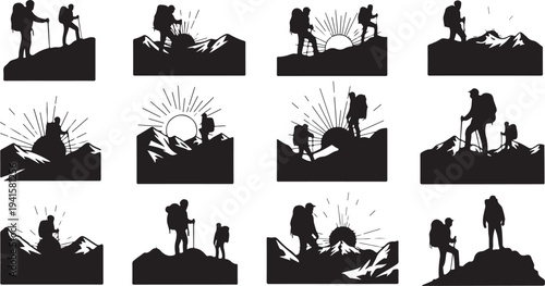 Hikers and adventure seekers in various mountain landscapes silhouettes