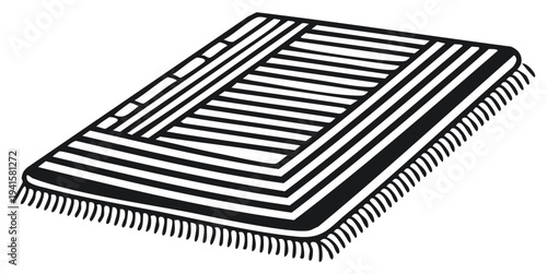 Stylized Black and White Striped Rug with Fringes Home Decor Element