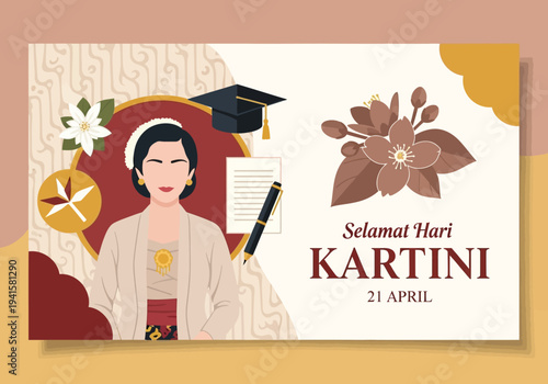 Indonesian Woman Celebrating Kartini Day with Traditional Attire and Academic Symbols.