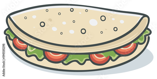 Cartoon Illustration of a Deliciously Filled Wrap with Vegetables and a Light Beige Tortilla