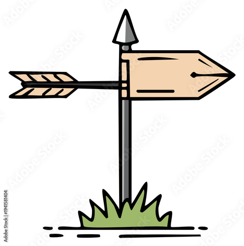Cartoon directional signpost illustration with arrow, pointing right direction and grass, wayfinding concept