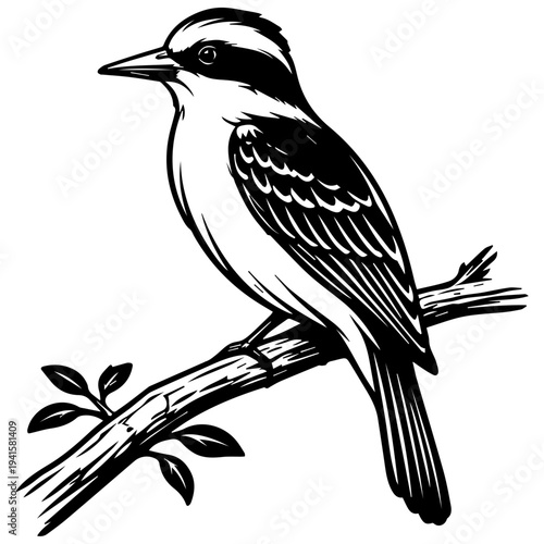 Songbird sitting on a tree branch with leaves, side view with detailed feathers and long tail, clean wildlife clipart. Perfect for nature logos, spring designs, invitations, posters, stickers.