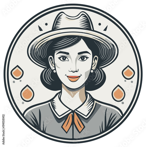 Vintage Woman Portrait Wearing Hat and Scarf Emblem Logo Art