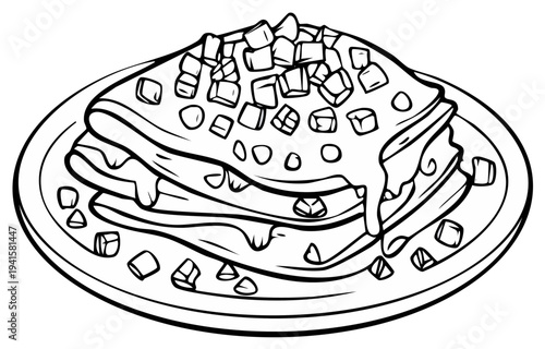 Drawing of Crepes with toppings on a plate: line art illustration of pancakes with a syrupy drizzle and diced fruit