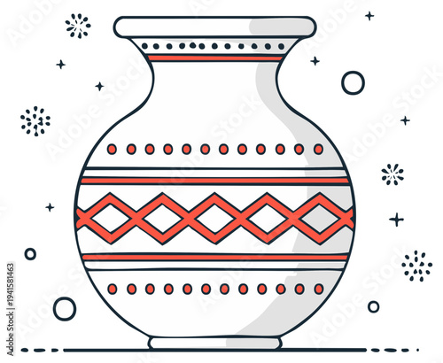Hand Drawn Vase with Red Geometric Patterns Ceramic Vessel Illustration