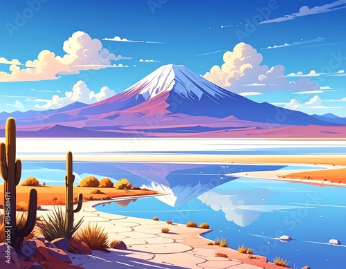 Mountain's mirrored snowy peak reflects in water. Desert landscape, blue sky with clouds