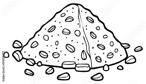 Simple black and white illustration of a pile of coffee beans scattered on a surface.