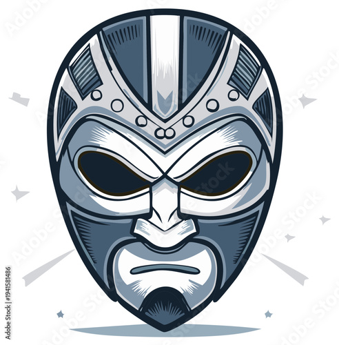 Stylized Futuristic Warrior Mask with Angular Details and Intense Gaze