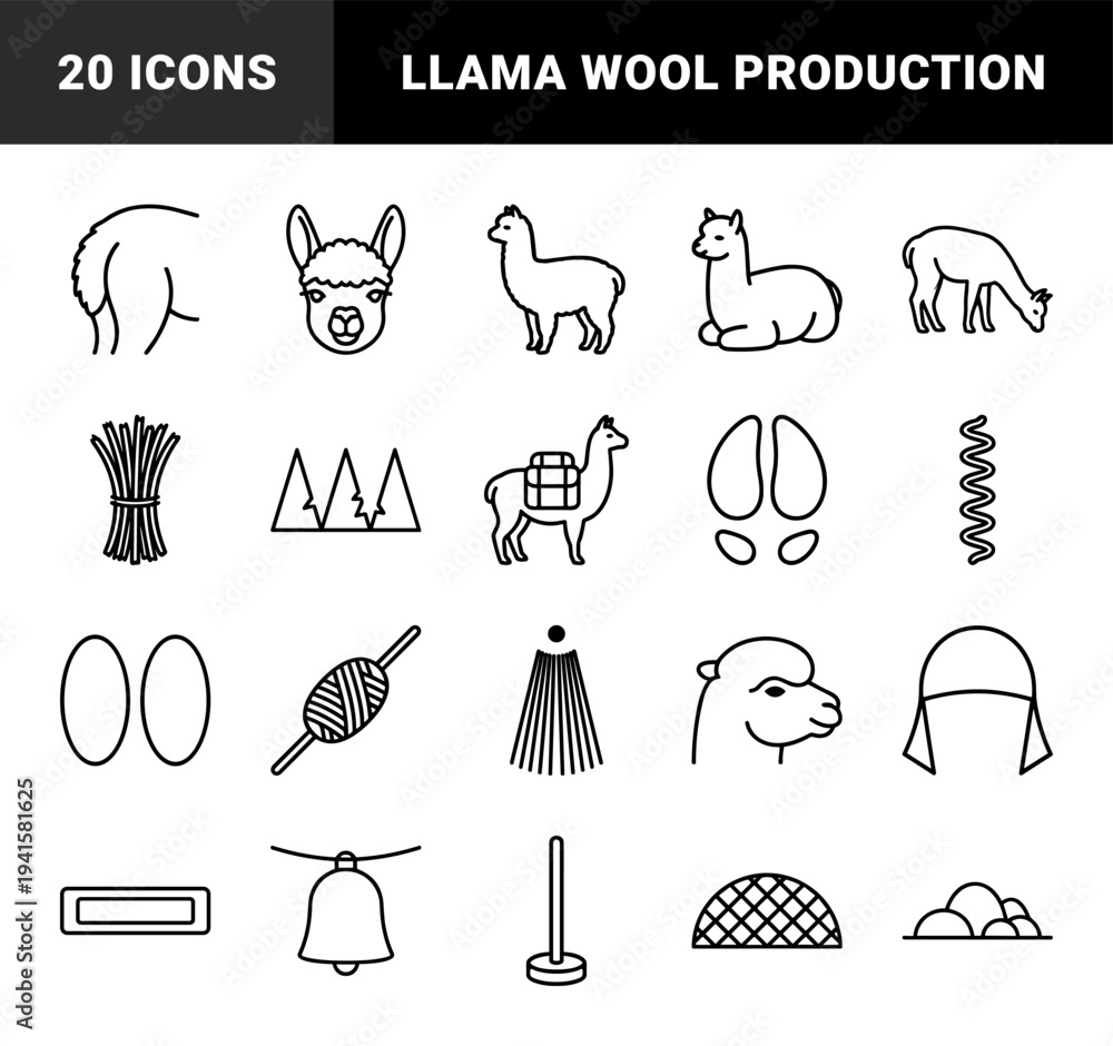Naklejka premium Alpaca and llama livestock farming elements in technical monoline style. Minimalist linear symbols for wool production, Andean agriculture, and South American camelids.