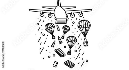 Airplane Dropping Cargo and Supplies via Parachutes and Airdrop
