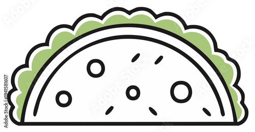 Stylized illustration of a taco with lettuce and toppings, flat design, clean lines, bright colors