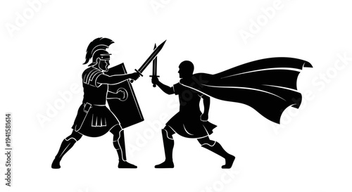 Ancient Roman Soldier vs Gladiator Silhouette Fight Battle Sword Shield