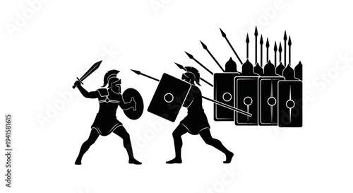Ancient Greek Warriors Battle Formation with Shields and Spears