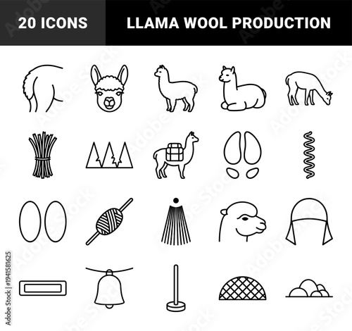 Alpaca and llama livestock farming elements in technical monoline style. Minimalist linear symbols for wool production, Andean agriculture, and South American camelids.