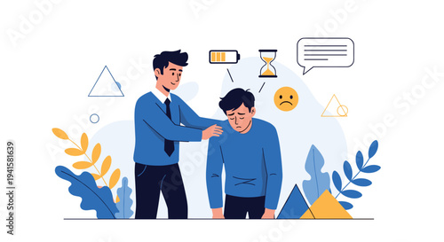 Supportive man places a hand on the shoulder of a sad and exhausted friend to offer comfort and mental health assistance.