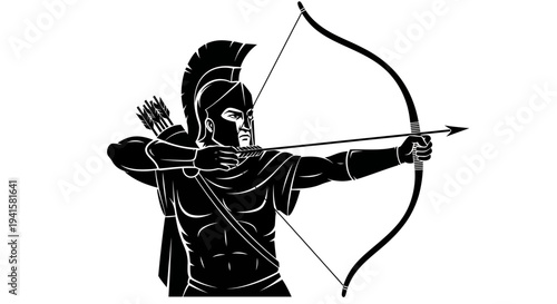 Ancient Warrior Archer with Bow and Arrow, Greek Spartan Soldier Silhouette