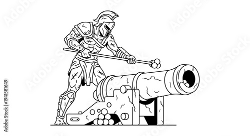Ancient Warrior Loading Cannon with Cannonballs, Historical Warfare Illustration