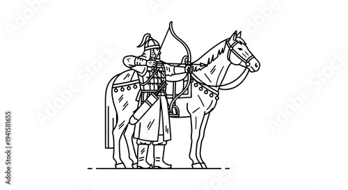 Ancient warrior on horseback with bow and arrow, historical illustration