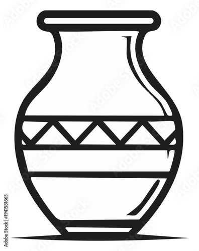 Stylized black and white illustration of a ceramic vase with geometric design.