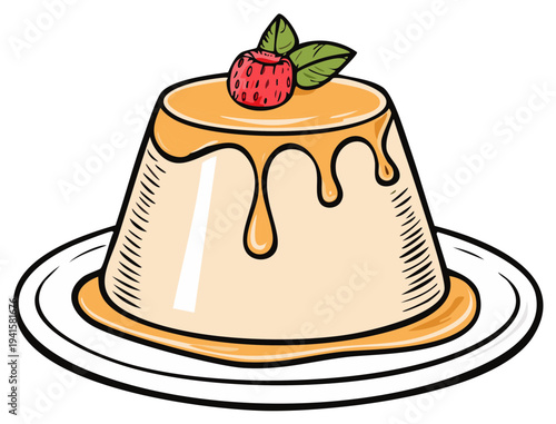 Panna Cotta Dessert Served with Caramel and Raspberry on White Plate Delicious Food Illustration