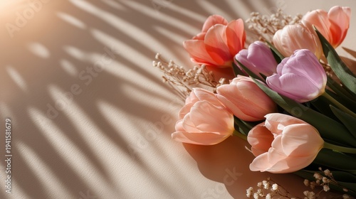 Pastel tulips glow softly in warm sunlight