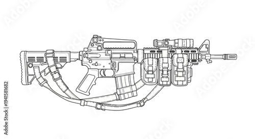 Assault Rifle with Tactical Accessories and Sling - Line Art Illustration