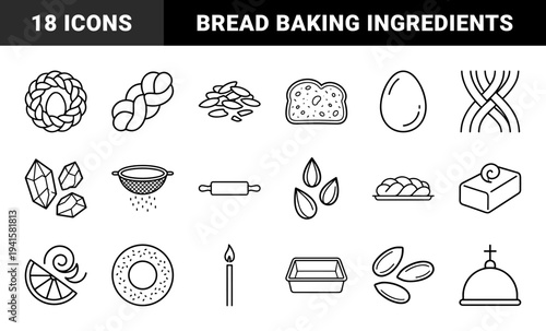 Bakery and traditional bread making elements for culinary branding. Technical monoline pictograms of challah, rolling pin, and baking ingredients.