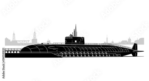 Black Submarine Silhouette on City Skyline Background, Military Naval Vessel