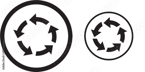 Flat vector roundabout traffic sign icon, minimal arrow design, modern traffic symbol style, white background.