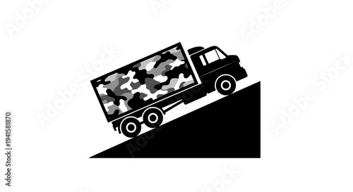 Camouflage Truck Driving Uphill on Ramp, Heavy Load Transport, Logistics Icon
