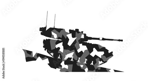 Camouflaged Military Tank in Motion, Abstract Geometric Pattern