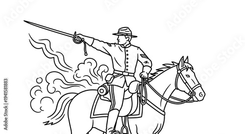 Cavalry soldier on horseback with sword raised, vintage illustration, historical battle scene