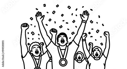 Celebration of Victory: Diverse Group of People Cheering with Medals and Confetti