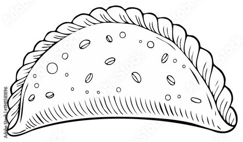 Outline illustration of a baked pastry with decorative edge and scattered details.