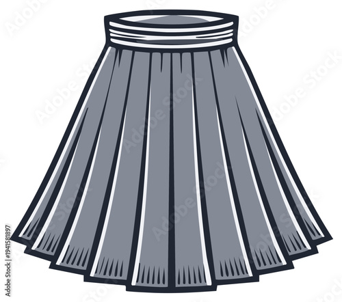 Gray Pleated Skirt with Striped Waistband Isolated on White Background