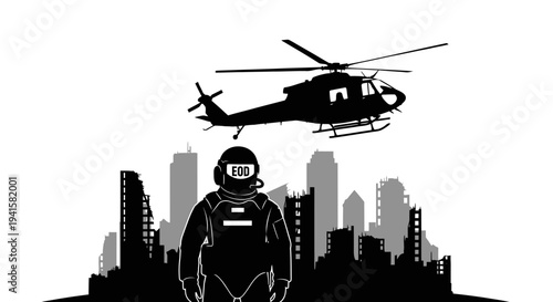 EOD soldier in protective suit with helicopter and destroyed city skyline