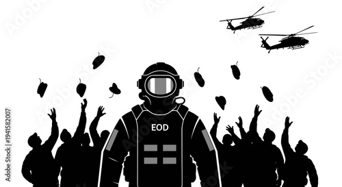 EOD soldier with helicopters and falling bombs, crowd celebrating