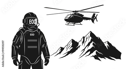 EOD Specialist in Protective Suit with Helicopter and Mountains
