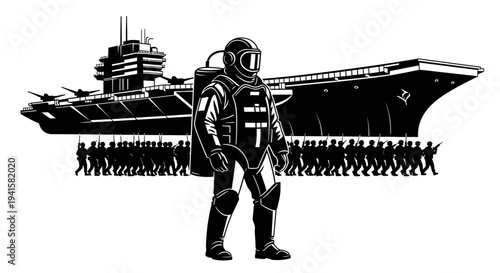 Futuristic Soldier with Aircraft Carrier and Troops - Sci-Fi Military Concept