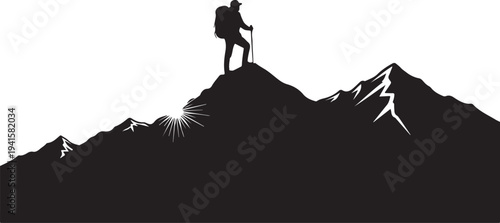 Hiker standing on mountain peak with backpack and trekking poles