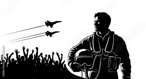 Hero Pilot with Fighter Jets Flying Over Cheering Crowd, Silhouette Style