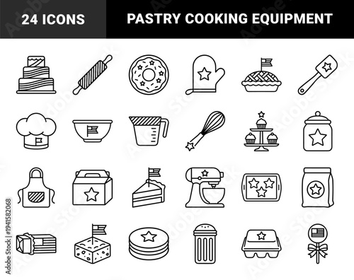 Bakery and pastry preparation elements with patriotic American flag accents. Minimalist monoline silhouettes featuring cakes, rolling pins, and confectionery tools.