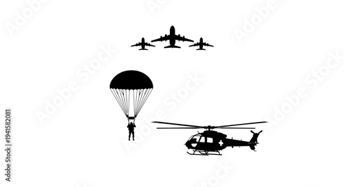 Military Air Assault: Parachutist Jumps from Plane, Helicopter Hovers