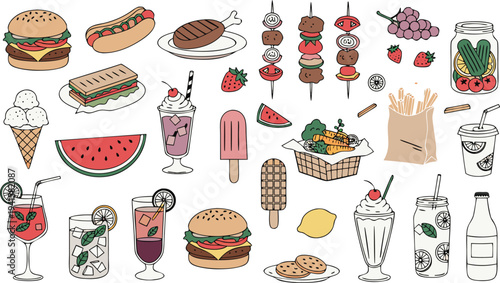 Set of colorful food and drink icons vector illustration